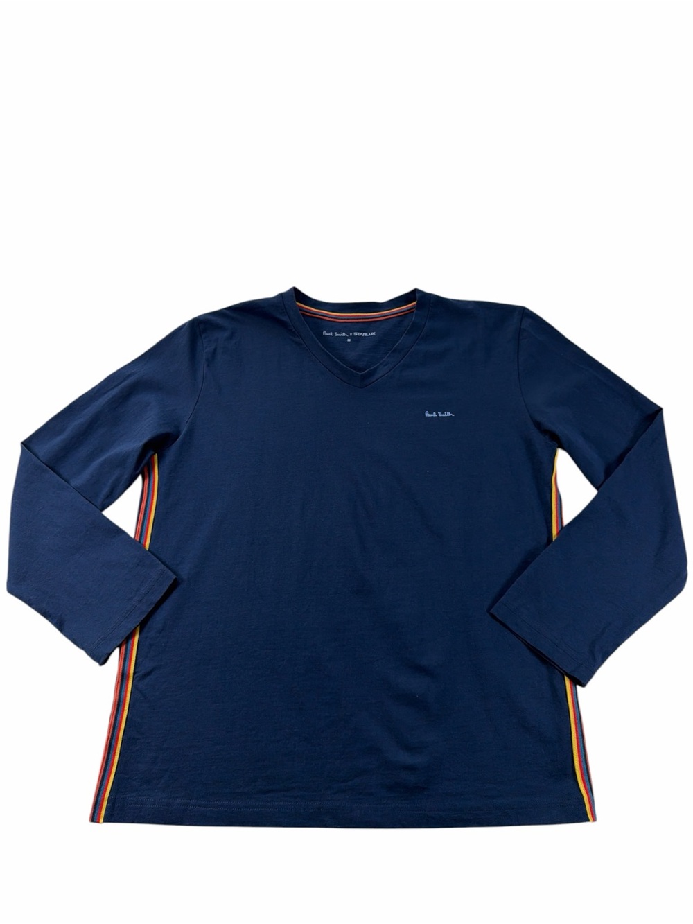 Paul Smith Men's Navy Long-Sleeve V-Neck Top with Stripe Detail Size Medium
